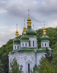 Fototapeta na wymiar Golden domes of the Vydubycky monastery are surrounded by trees. Kiev, Ukraine