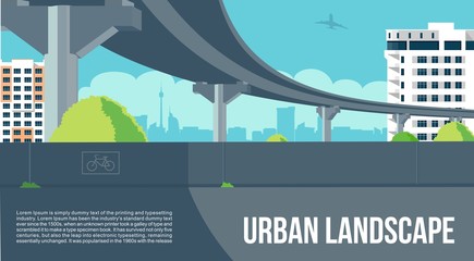 Overpass or Bridge, in City or Town Asphalt Road Cityscape in New District cool Vector Banner or Poster Vector Design Illustration with Airplane Jet in Blue Sky & Green Summer Trees Street Background
