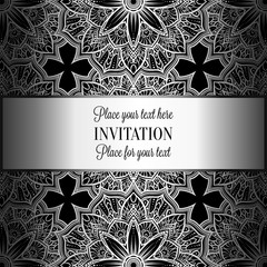 Romantic background with antique, luxury black, gray and metal silver vintage frame, victorian banner, intricate exquisite rococo wallpaper ornaments, invitation card, baroque style booklet, gothic