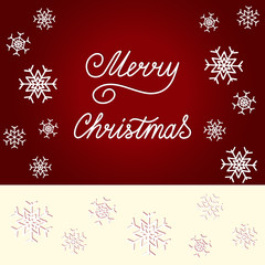 Obraz na płótnie Canvas Lettering Merry Christmas, white snowflakes on a dark red background with frame cream color. Concept for cards, invitations, packets. Paper art style. Happy New Year. Vector illustration EPS 8.