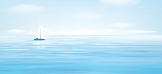 Obraz premium Wektorowy błękitny morze, nieba tło i jacht.