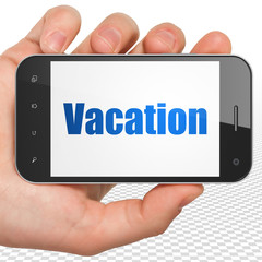 Vacation concept: Hand Holding Smartphone with blue text Vacation on display, 3D rendering