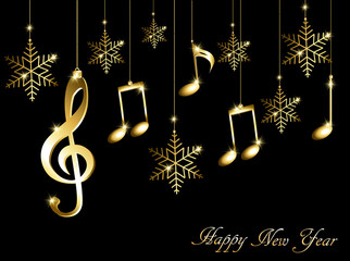 Abstract New Year background with musical notes, treble clef and snowflakes