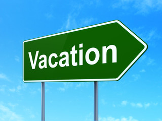 Vacation concept: Vacation on green road highway sign, clear blue sky background, 3D rendering