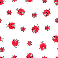 Seamless pattern with cute ladybugs and flowers. Vector kids background.