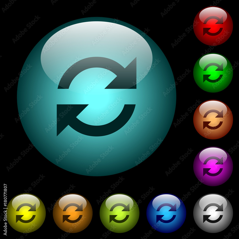 Poster refresh arrows icons in color illuminated glass buttons