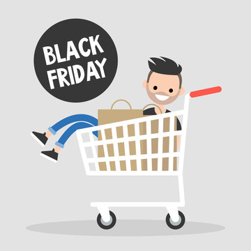 Black Friday Annual Sale Event. Young character having fun during the Black Friday sale. Sitting in the shopping cart. Big Fall Sale. Lifestyle concept. Shopping. Flat vector illustration, clip art