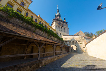 Sighisoara clock tower from fortress square, Romania