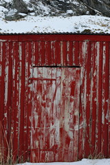 Chipped old wooden red rorbu fishing hut-snowcovered floor. Eggum-Vestvagoya-Lofoten-Norway. 0562
