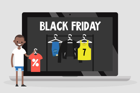Black Friday Annual Grand Sale Event. Online shopping concept. Conceptual illustration. Big Fall Sale. Marketing. Young character buying clothes online with a huge discount