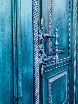 An ancient luxury wooden blue door. HDR effect.