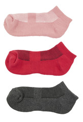Pink red and grey socks isolated on white background
