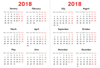 Calendar for 2018 Year on Transparent Background