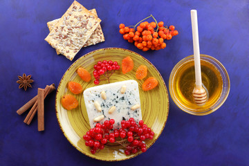 Cheese with mold, fruits and nuts on a dark blue background, cinnamon, buckwheat, red berries, pop art, minimalism, cheese with honey for Christmas, cheese on a plate on a dark blue background