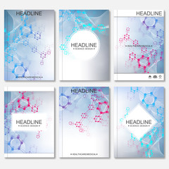 Fototapeta na wymiar Scientific brochure design template. Vector flyer layout, Molecular structure with connected lines and dots. Scientific pattern atom DNA with elements for magazine, leaflet, cover, poster design.