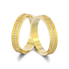 3D illustration two isolated yellow gold engagement wedding band diamond rings with shadow