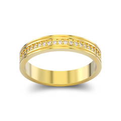 3D illustration isolated yellow gold engagement wedding band diamond ring with shadow