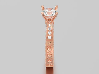 3D illustration rose gold decorative diamond ring with ornament and hearts