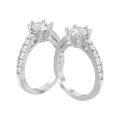 3D illustration two isolated white gold or silver solitaire engagement diamond rings