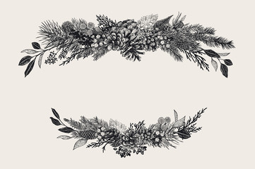 Winter set. Floral christmas compositions. Evergreen, cone, succulents, flowers, leaves, berries. Botanical vector vintage illustration. Black and white © OlgaKorneeva