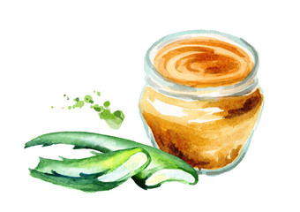 Aloe vera and honey composition. Watercolor hand drawn illustration