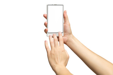 Mockup of female hands holding modern white cellphone with blank screen and making sliding gesture isolated at white background.