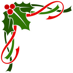 Vector illustration of a corner page design featuring holly leaves, berries and ribbon.