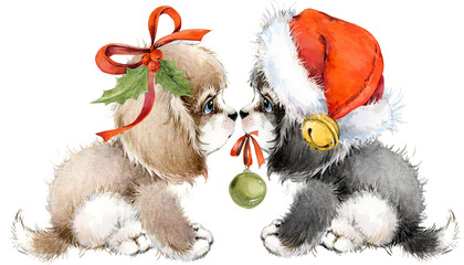 Dog year greeting card. cute puppy watercolor illustration.