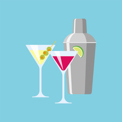 Shaker and glasses with cocktails. Illustration of a flat design