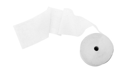 Paper roll mock up isolated on white background. Blank white packaging kitchen towel, toilet paper roll, cash register tape, thermal fax roll. Paper roll template. Top view.