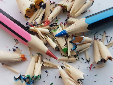Coloured wooden pencils and shred 