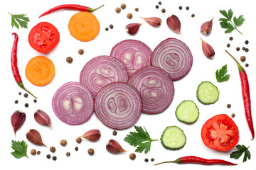 sliced red onion with parsley, garlic and spices isolated on white background top view