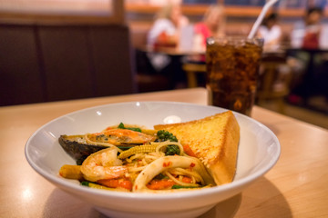 Seafood pasta spaghetti sauce and intense spicy , delicious style italian
