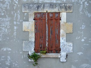 A window in the wall of an old building. The window is covered with wooden shutters. The grass grows on the windowsill. Background. Texture. France.