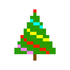 Christmas tree pixel art cartoon retro game style set