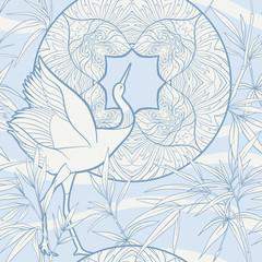 Seamless pattern, background with decorative flowers and bird in art nouveau style, vintage, old, retro style. Stock vector illustration.