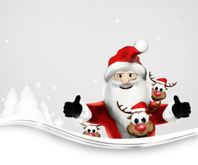Santa Claus thumbs up like it and reindeers 3d rendering