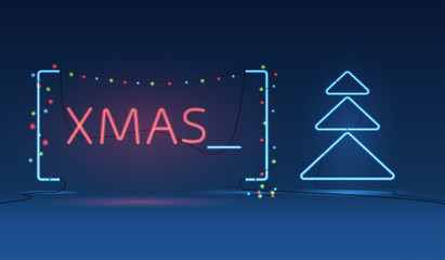 .The inscription merry Christmas neon style. Garland text from the neon