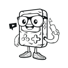 Line art, black and white version of portable game character with eyeglasses and dynamite, vector illustration isolated on white background