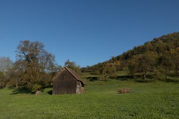 Obraz premium Stara drewniana stodoła na niemieckim zboczu