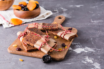 Dried fruit berry and nut energy bars. Healthy snack.