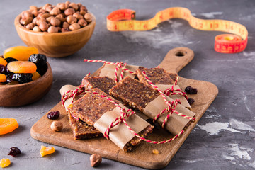 Dried fruit berry and nut energy bars. Healthy snack.
