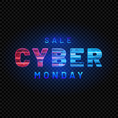 Cyber Monday. Promotional online sale event. Vector technology illustration. Textured neon light sign with with neon lines, geometric figures. Futuristic label design. Luminous cyber hologram
