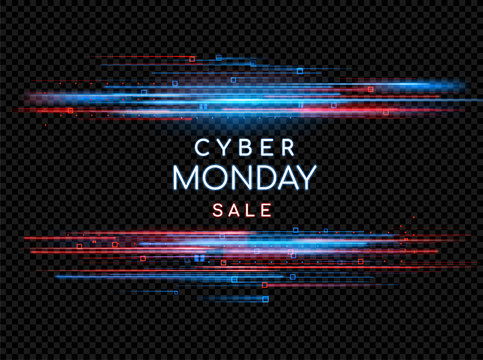 Cyber Monday. Promotional online sale event. Vector technology illustration. Neon light sign with with neon lines, geometric figures. Futuristic label design. Luminous cyber hologram