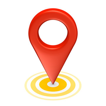 Red map pointer with yellow circles isolated on white. 3d render.