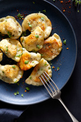 Fried dumplings, pierogi with meat filling sprinkled with fresh herbs on a blue plate, top view