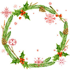 Fototapeta premium Christmas wreath frame. watercolor winter holidays background. Watercolor illustration Christmas tree, mistletoe branch, snowflake. 