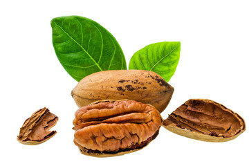 Three cracked pecan  nuts with green leaves isolated on white.