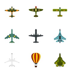 Military air transport icons set, flat style