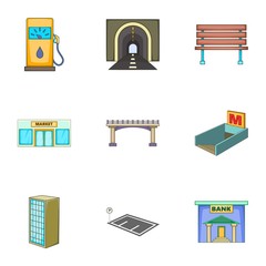 City landscape icons set, cartoon style